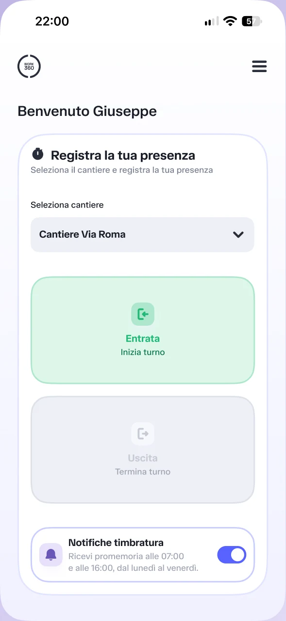 Schermata di timbratura con entrata e uscita