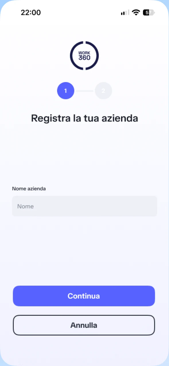 Schermata di registrazione dell'azienda